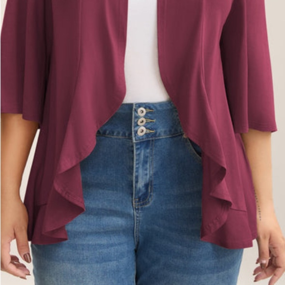 BloomChic Deep Red Cardigan with scalloped edges